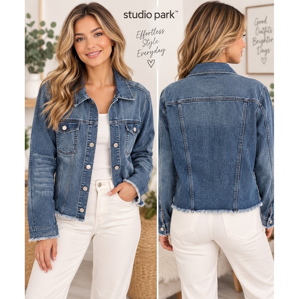 Studio Park 1X Classic Casual Minimalist Women Blue Jean Jacket NEW
